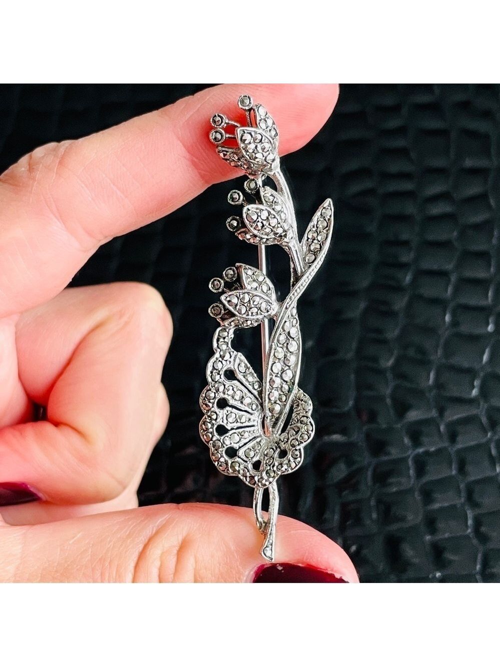 Vintage 800 Silver Flower Brooch Pin With Marcasites Signed 800 SE METALL